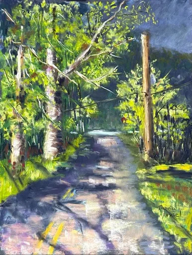 "Sycamore Lane"
Pastel, my reference
I love these trees and shoertly after taking the photo the power company cut them down.